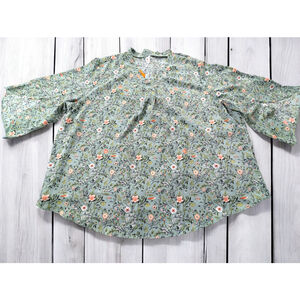 NWT Aodemo Plus Size 4XL Top Green Floral Bird Print Stretch Tunic‎ Bell Sleeve